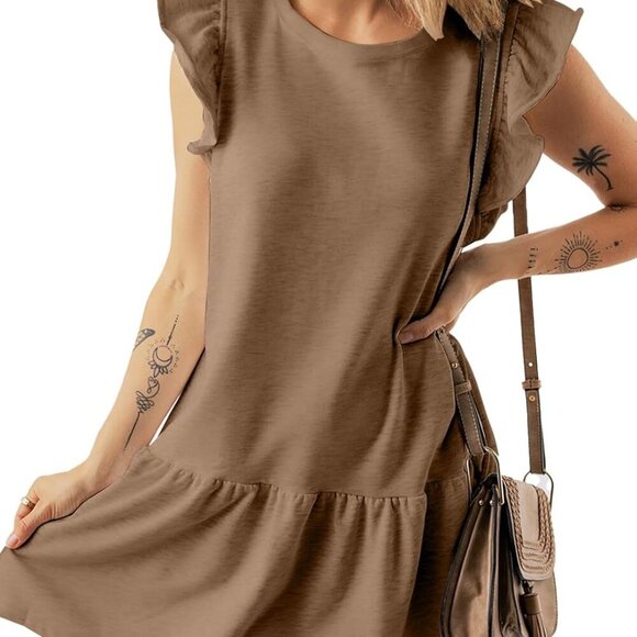 Womens Summer Casual Babydoll Dress Tiered Mini Ruffle Sleeves Crew Neck - Picture 3 of 4